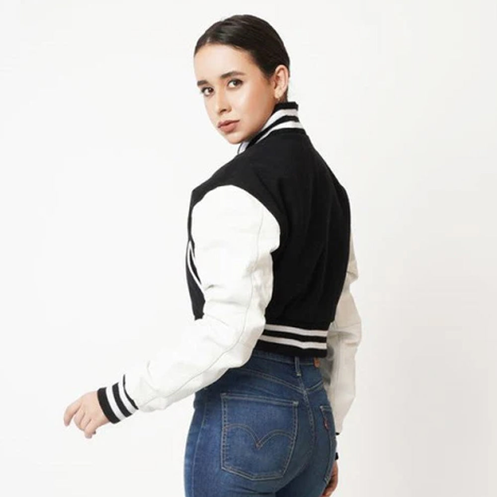 Women's Black & White Sleeves Cropped Varsity Leather Jacket