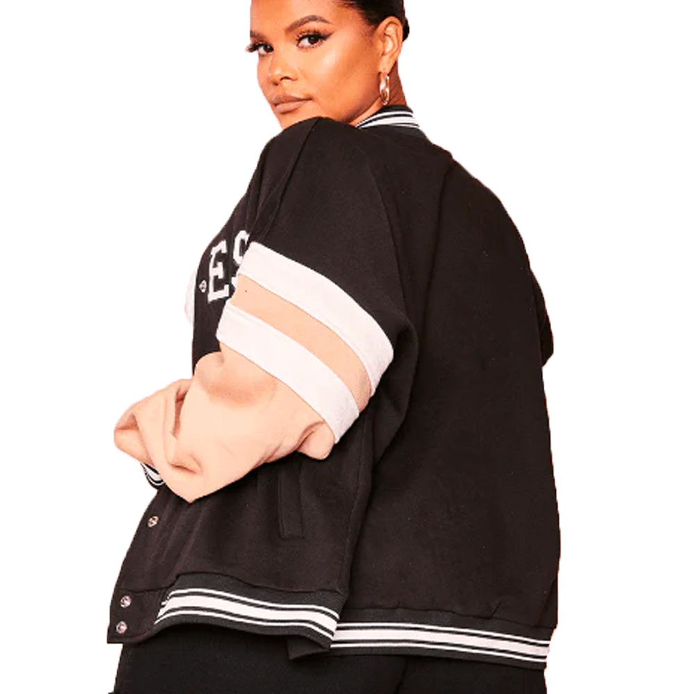 Women’s Varsity Bomber Leather Jacket In Black & Pink Sleeves