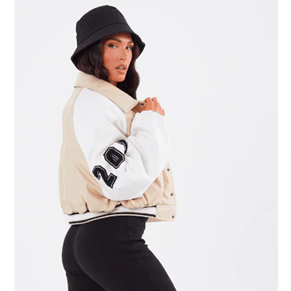 Women's Beige Varsity Bomber Leather Jacket with White Sleeves - Elegant and Trendy