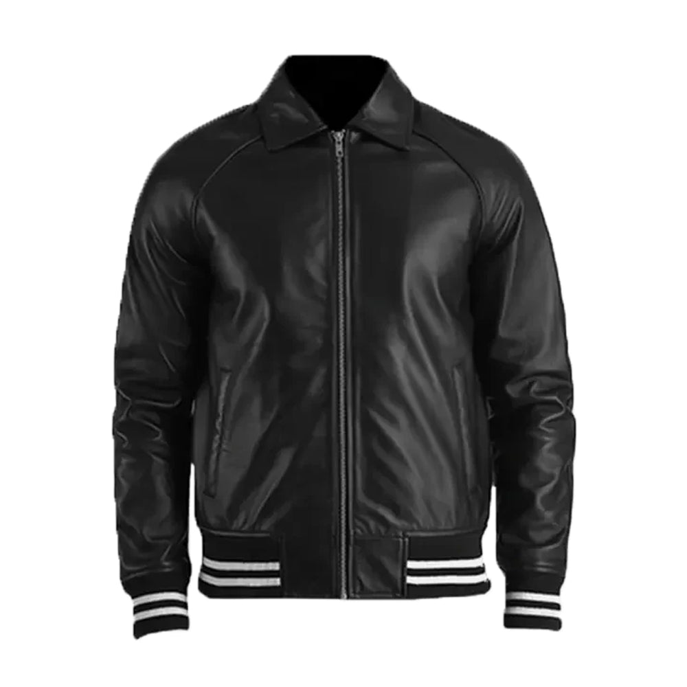 Men's Black Leather Plain Varsity Jacket