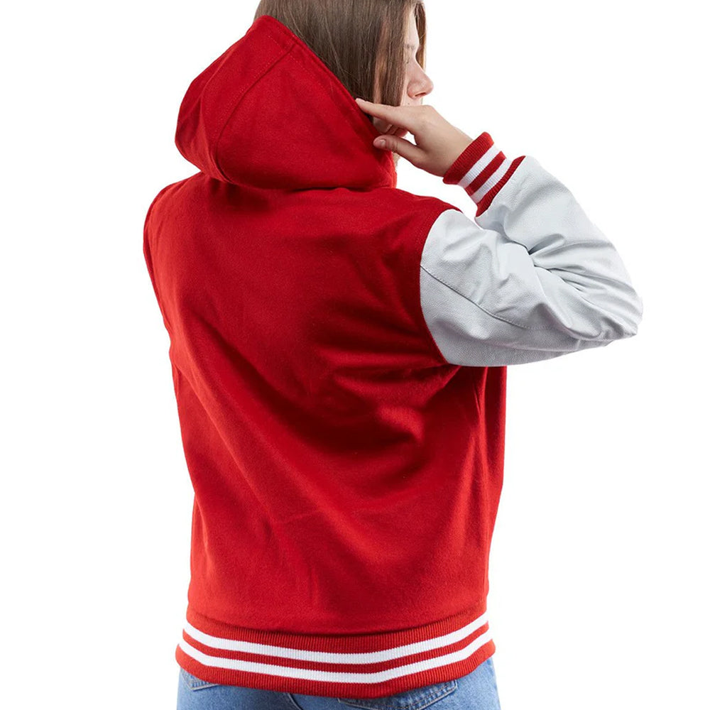 Women’s Hooded Varsity Leather Bomber Jacket In Red & White Sleeves