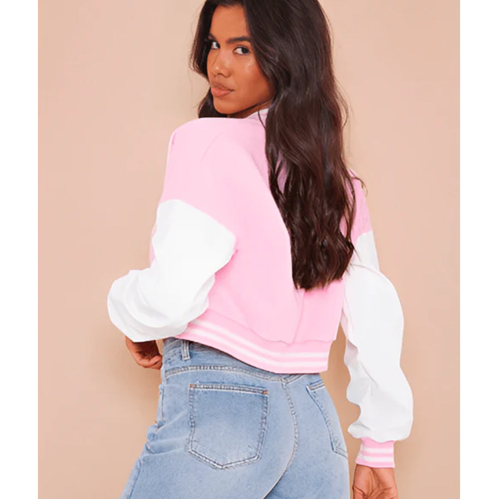 Women's Pink Cropped Varsity Bomber Leather Jacket
