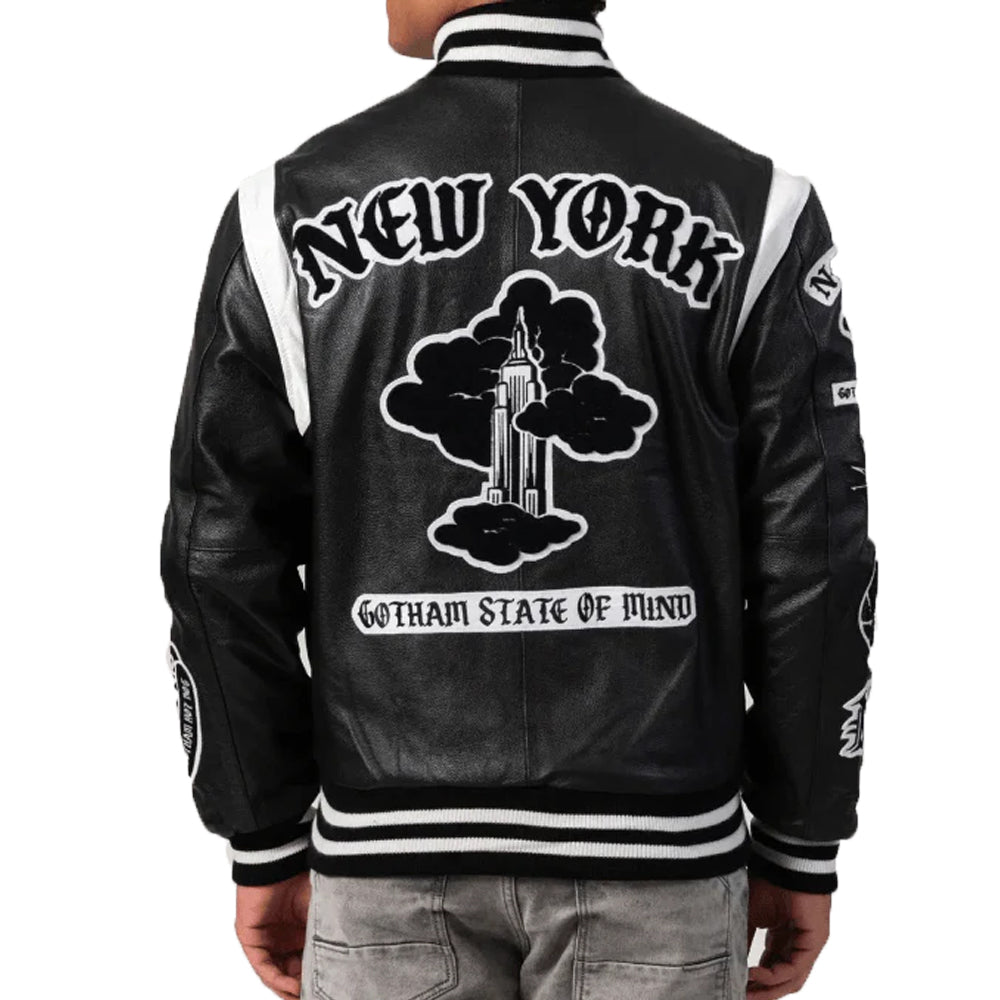 New York Letterman Bomber Leather Jacket In Black