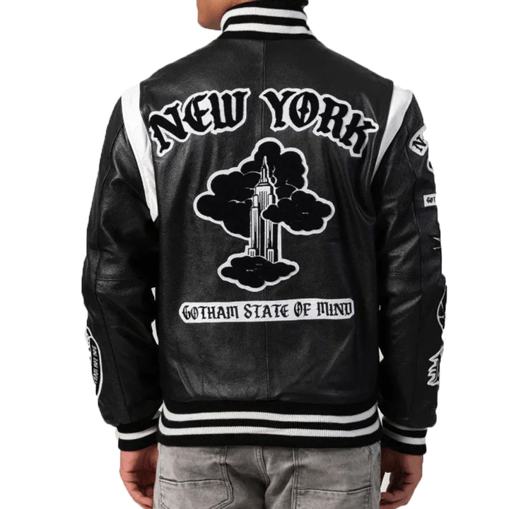 New York Letterman Bomber Leather Jacket In Black