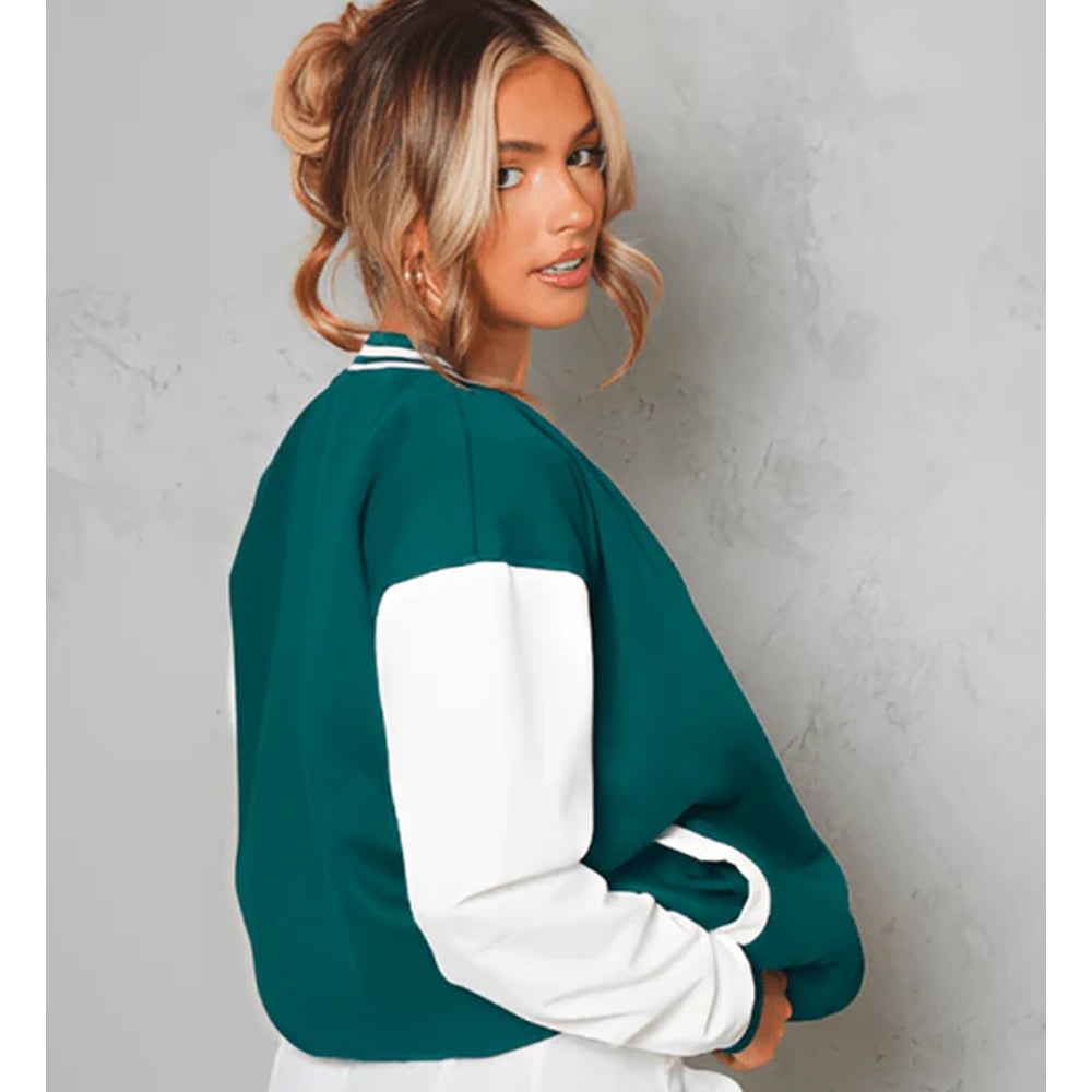 Copy of Women's Sea Green Varsity Leather Bomber Jacket