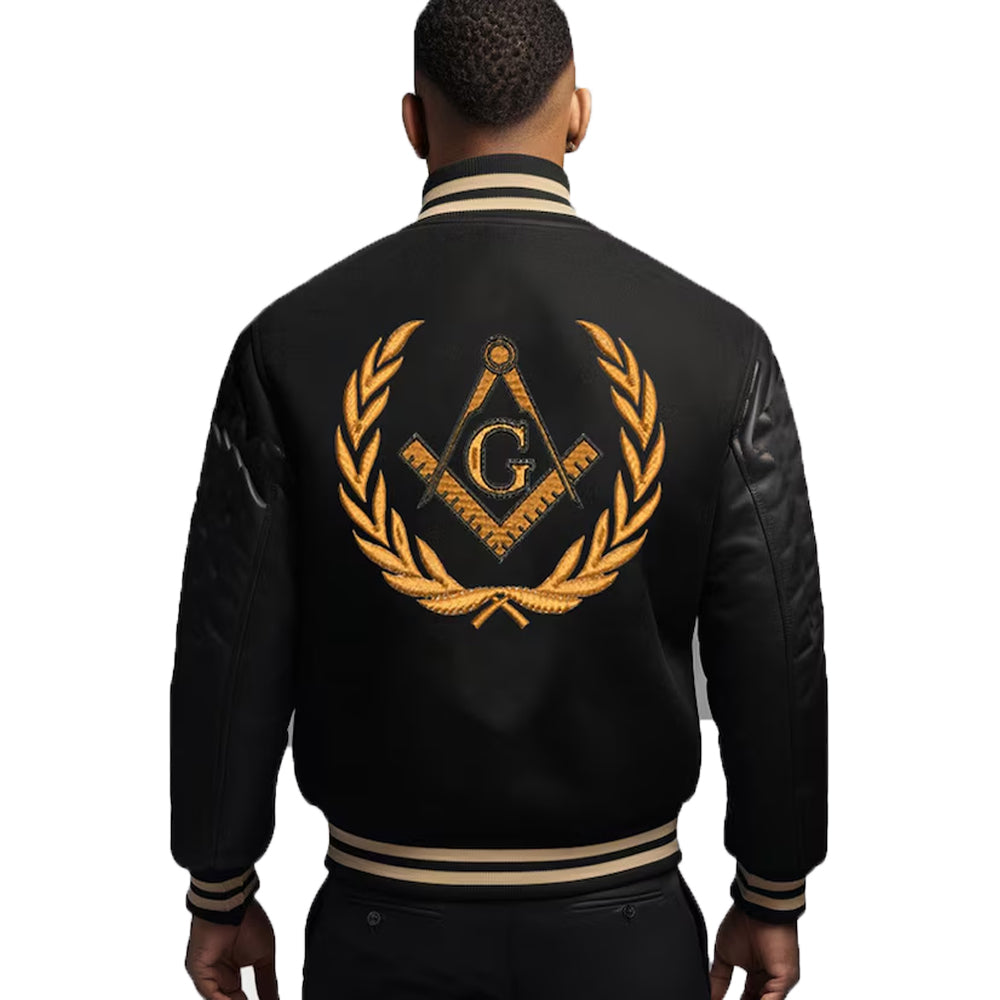 Varsity Jacket Men Black Leather Sleeves Jacket