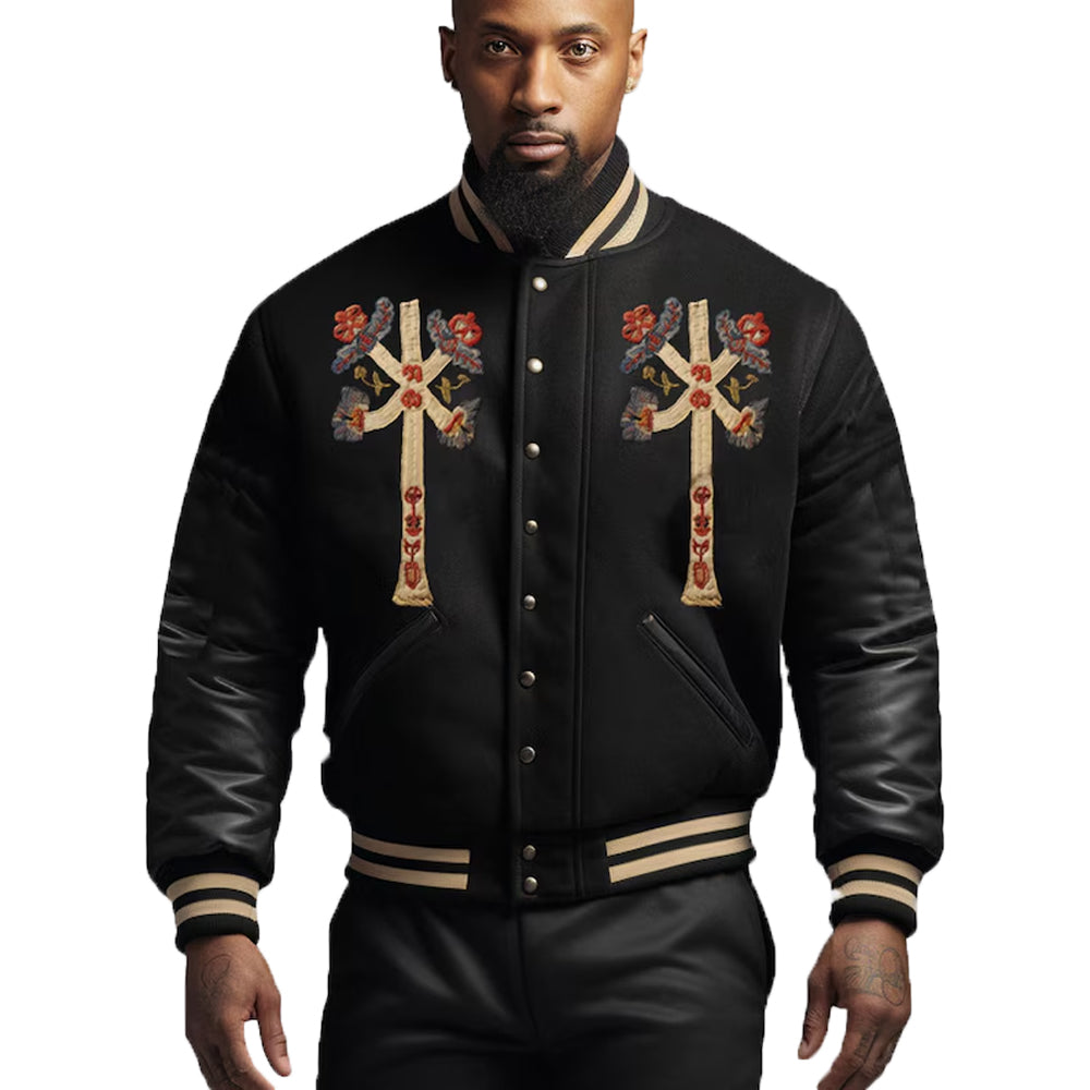 Varsity Jacket Men Black Leather Sleeves Jacket