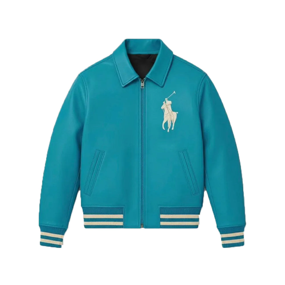 Men's Blue White Cowhide Leather Varsity Jacket