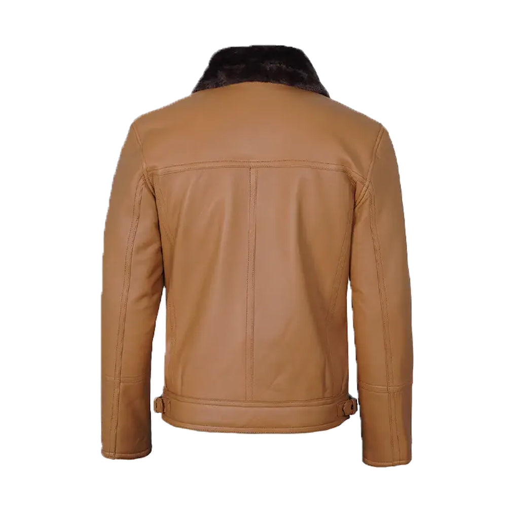 Men's Camel Brown Shearling Leather Moto Jacket