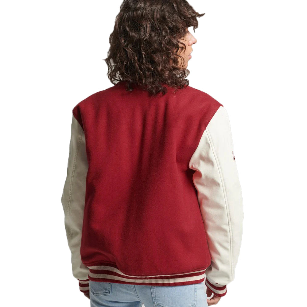 Women’s Varsity Leather Bomber Jacket In Red And White Sleeves