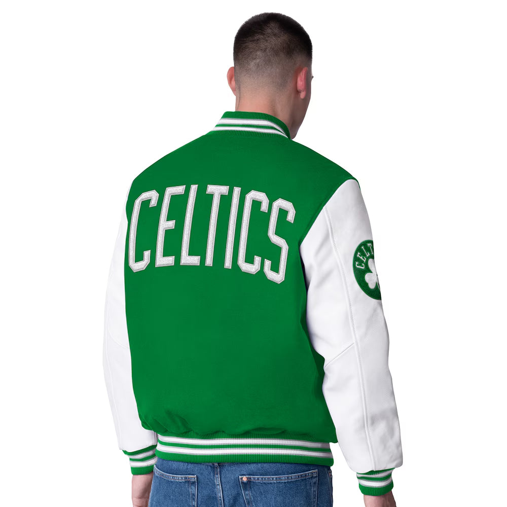 Men's Boston Celtics Green Moneyball Wool & Leather Full-Snap Varsity Jacket