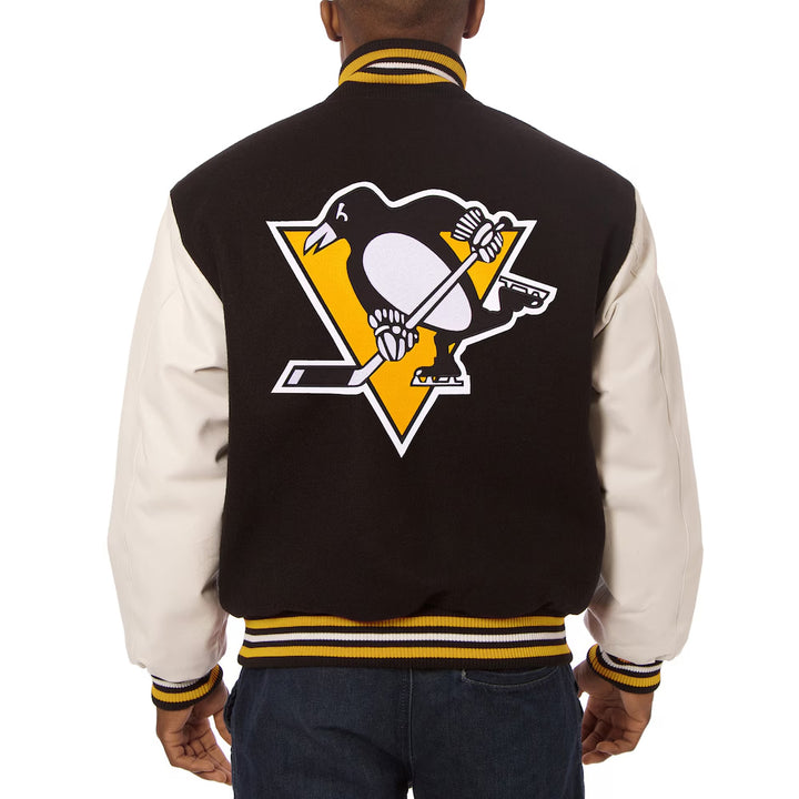 Men's Pittsburgh Penguins JH Design Black Wool & Leather Jacket with Embroidered Logos