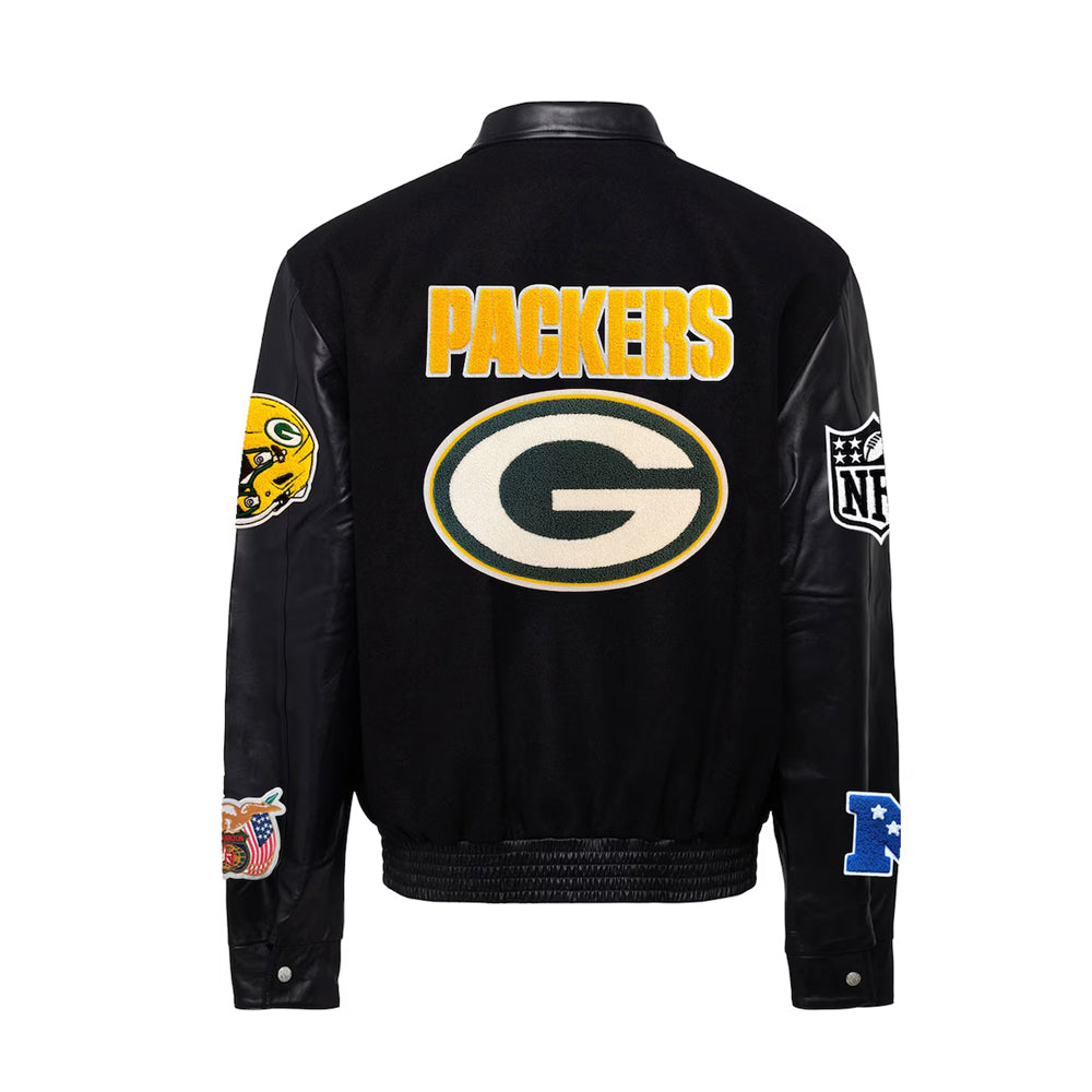 Men's Green Bay Packers Jeff Hamilton Black Wool & Leather Full-Snap Varsity Jacket