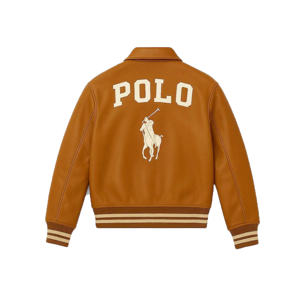 Camel Brown Wool Varsity Jacket Embroidered Polo Rider Leather Bomber