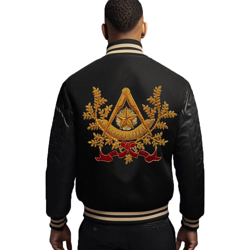 Varsity Jacket Men Black Leather Sleeves Jacket