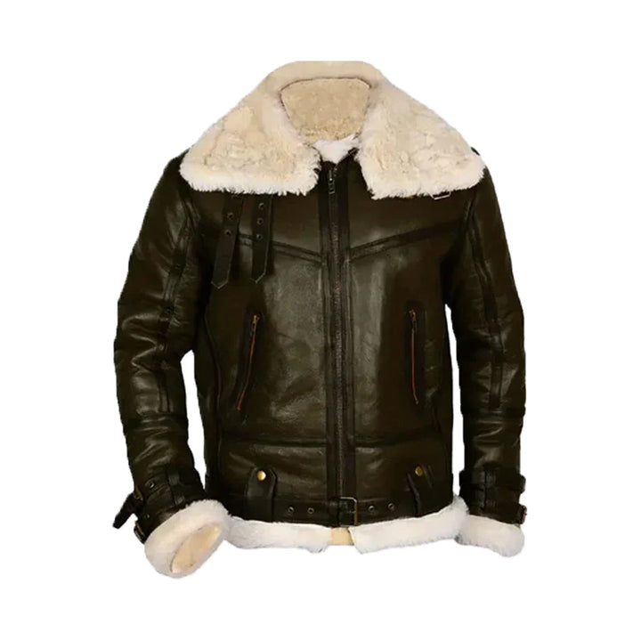 Terry Army B-3 Shearling Green Leather Aviator Jacket