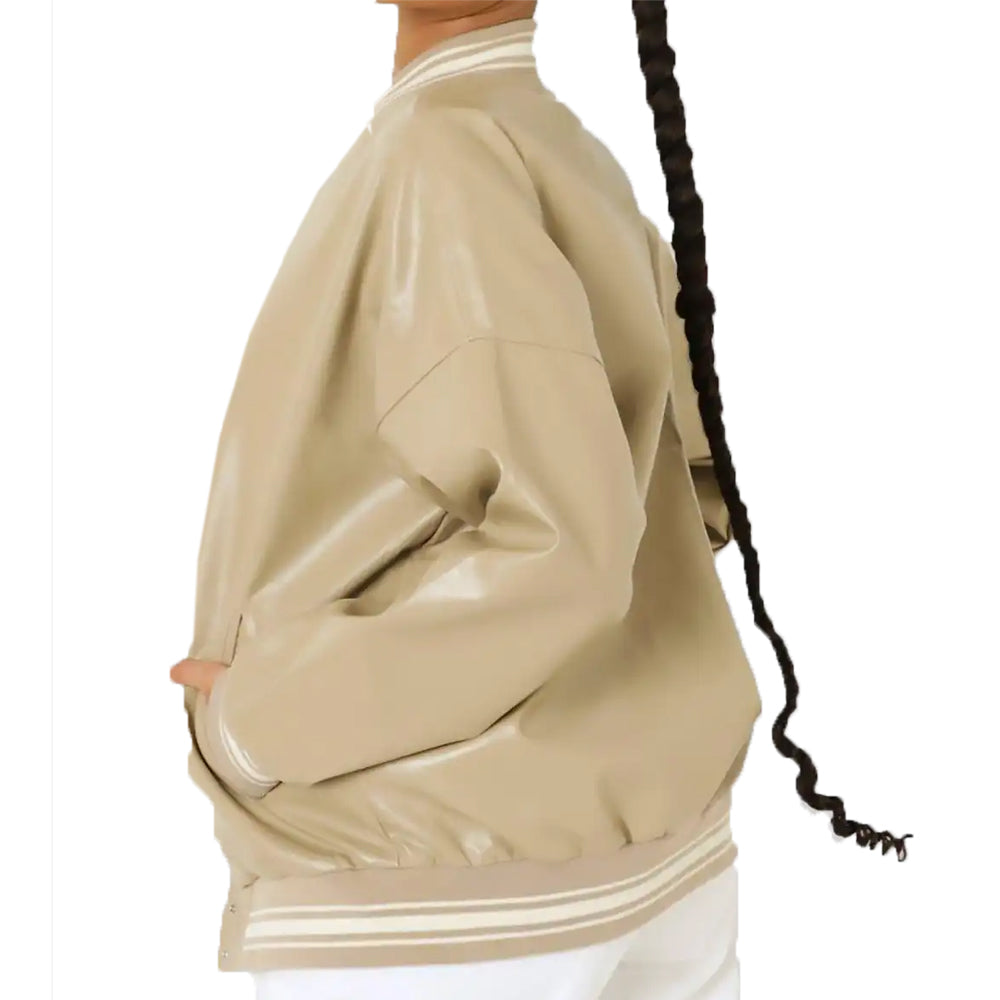 Women’s Beige Leather Varsity Jacket