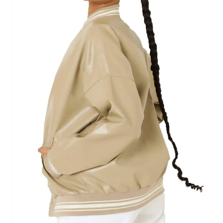 Women’s Beige Leather Varsity Jacket