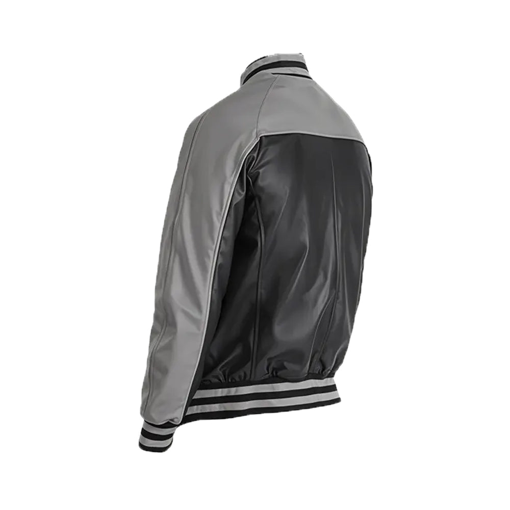 Men’s Grey Black Leather Varsity Jacket