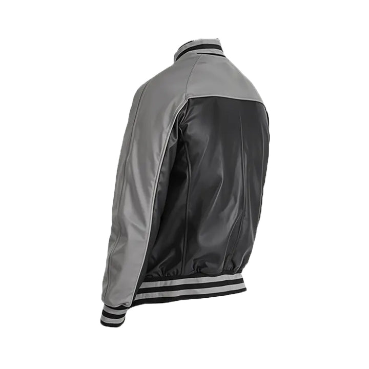 Men’s Grey Black Leather Varsity Jacket