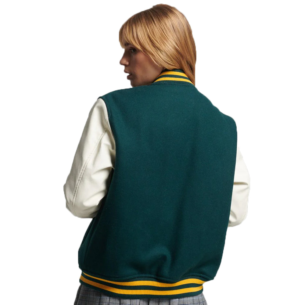 Women’s Letterman Bomber Leather Jacket In See Green And White Sleeves