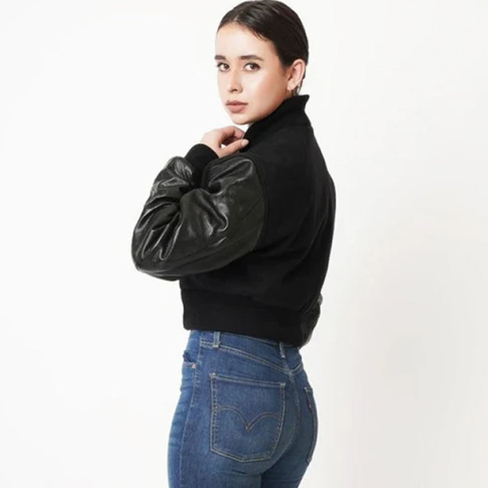 Women's Black Cropped Letterman Leather Jacket