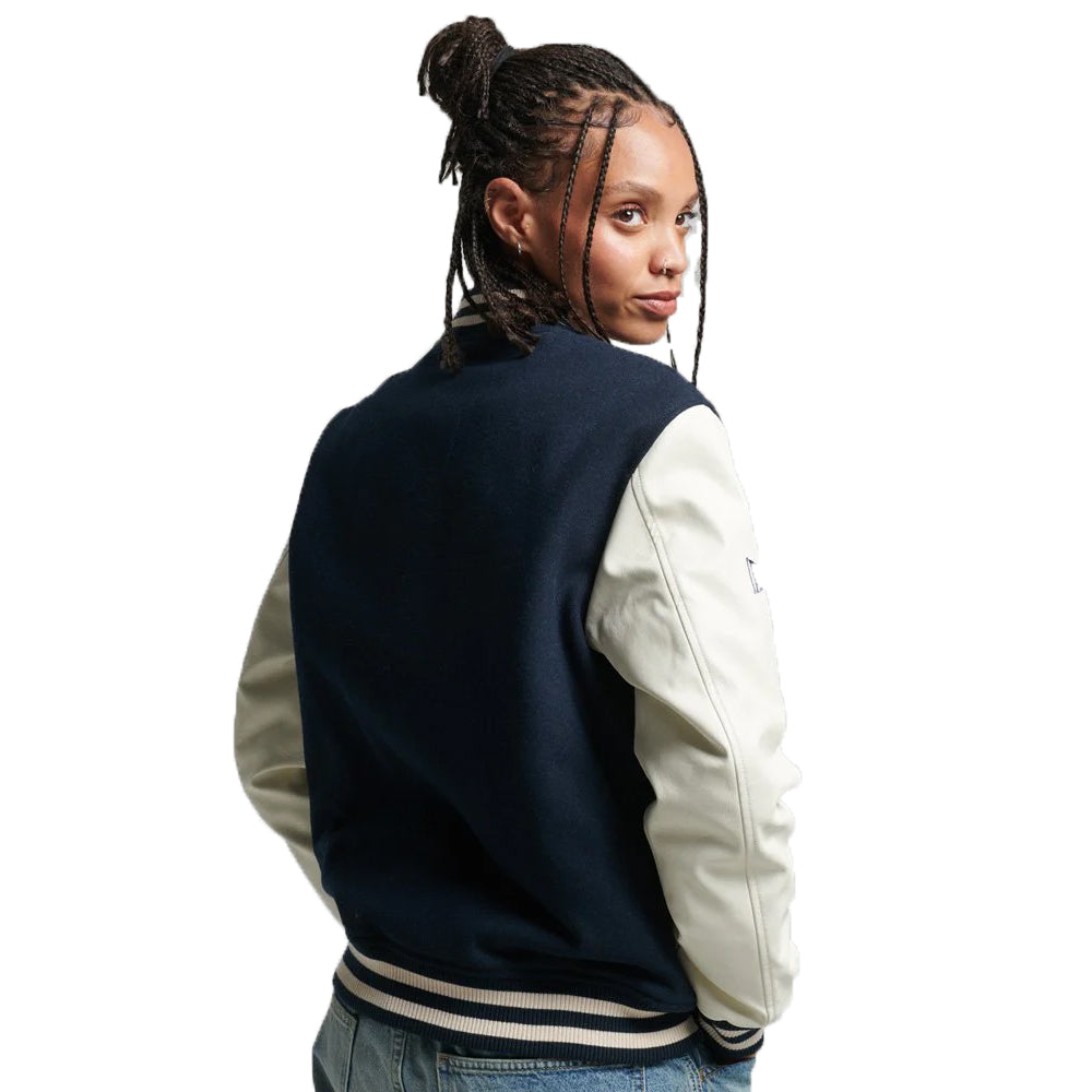 Women’s Varsity Leather Bomber Jacket In Black And White Sleeves